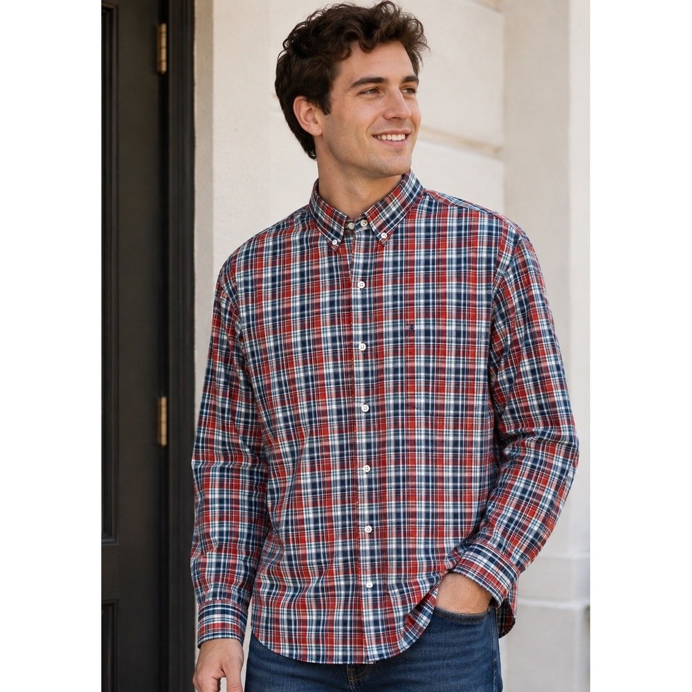 IZOD Men's Large Button Down Shirt Cotton Plaid Brown Navy Long Sleeve